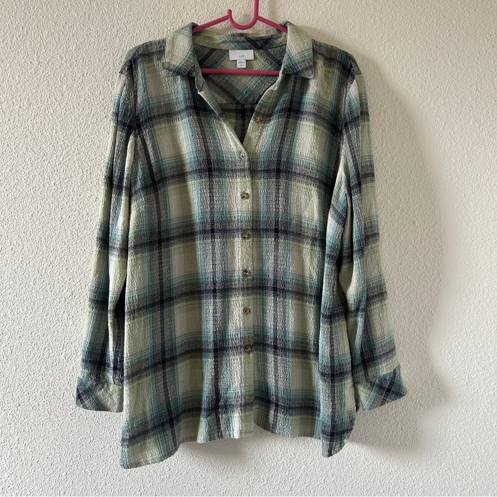 J. Jill Gauzy Plaid Western Cottage Farm Work Wear Button Up Women’s PL Green